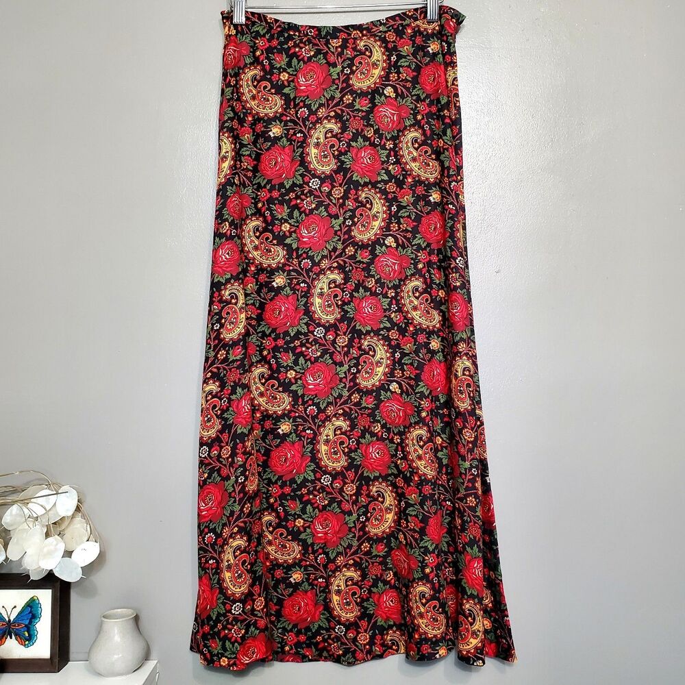 Vintage Jones Wear Skirt Size 10 Black Red Floral Paisley Western Long 90's